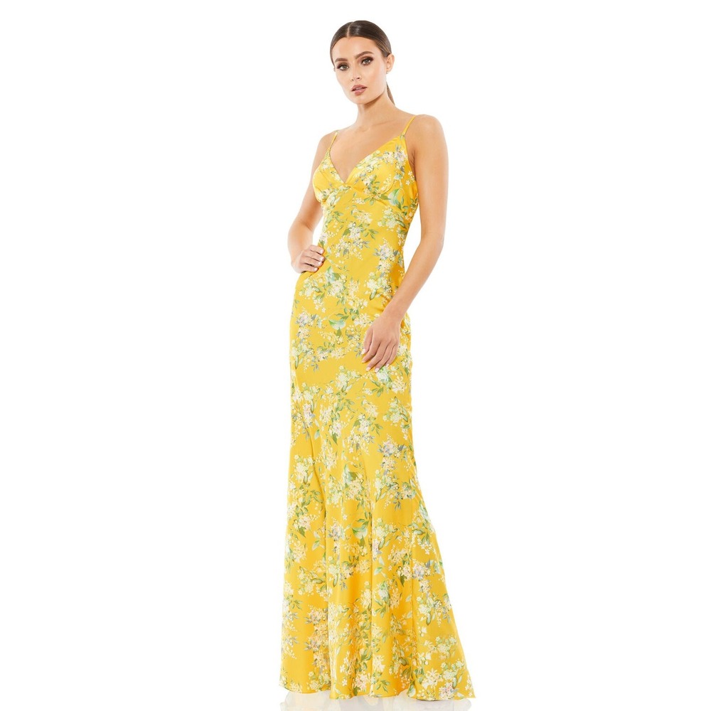 Mac Duggal 70183 Yellow Floral Satin Cowl Back Maxi‎ Gown Dress Formal Wedding